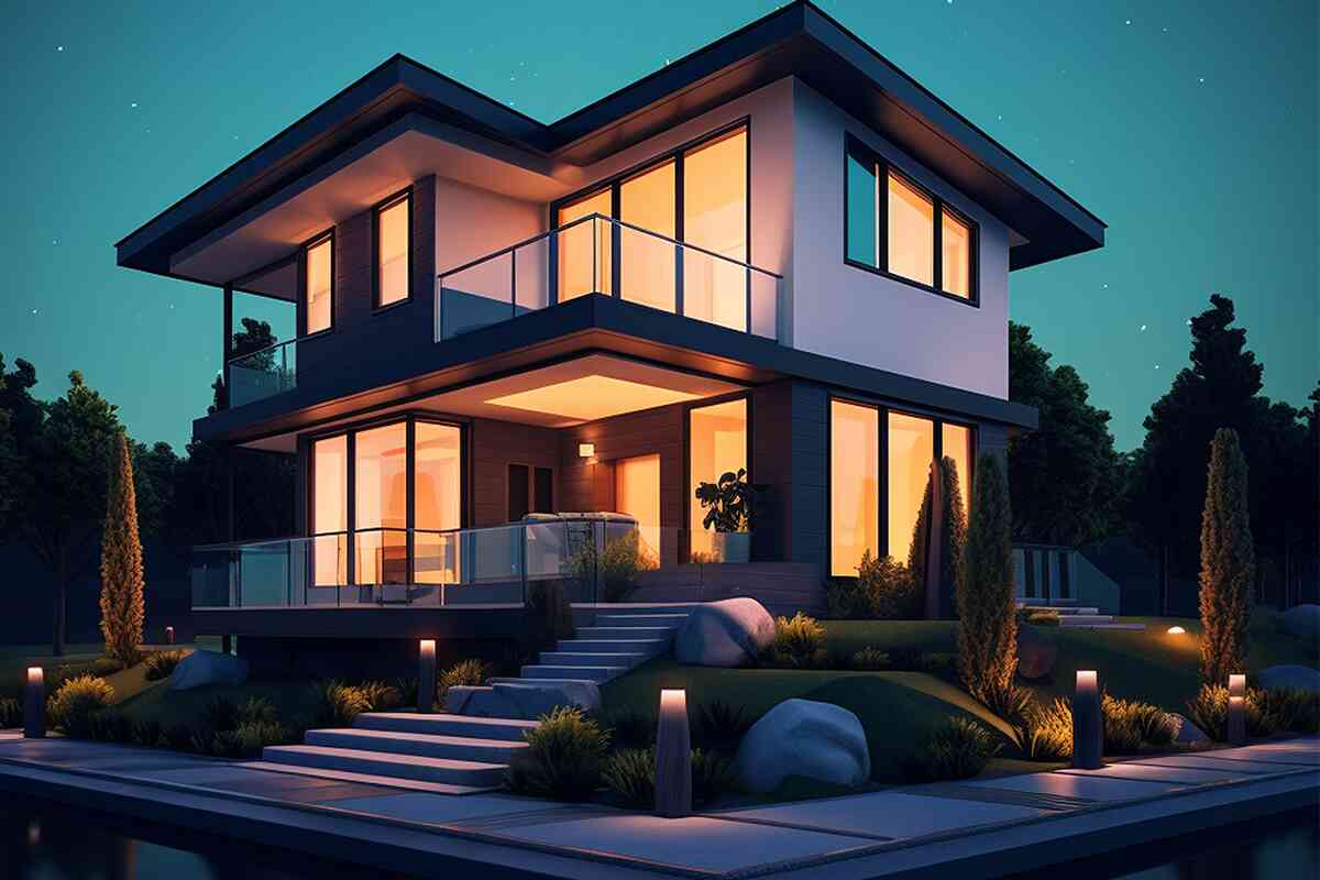 Illustrative contemporary residence at dusk